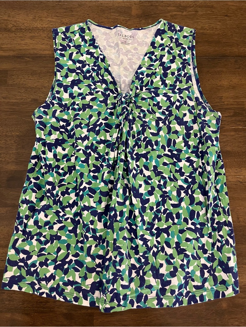 Talbots Green & Blue Leaf Print Tie-Front Sleeveless V Neck Top 100% Cotton LP
